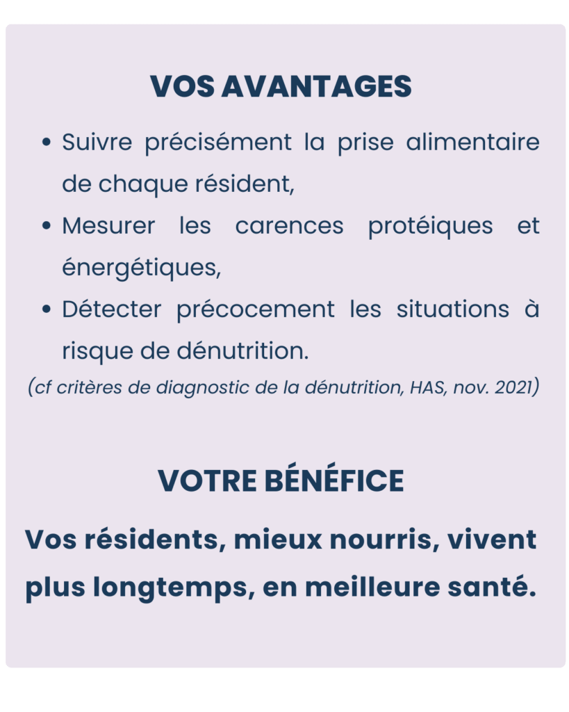 Vos avantages : - Suivre précisément la prise alimentaire de chaque résident, - Mesurer les carences protéiques et énergétiques, - Détecter précocement les situations à risque de dénutrition. (cf critères de diagnostic de la dénutrition, HAS, nov. 2021) Votre bénéfice : Vos résidents, mieux nourris, vivent plus longtemps, en meilleure santé.